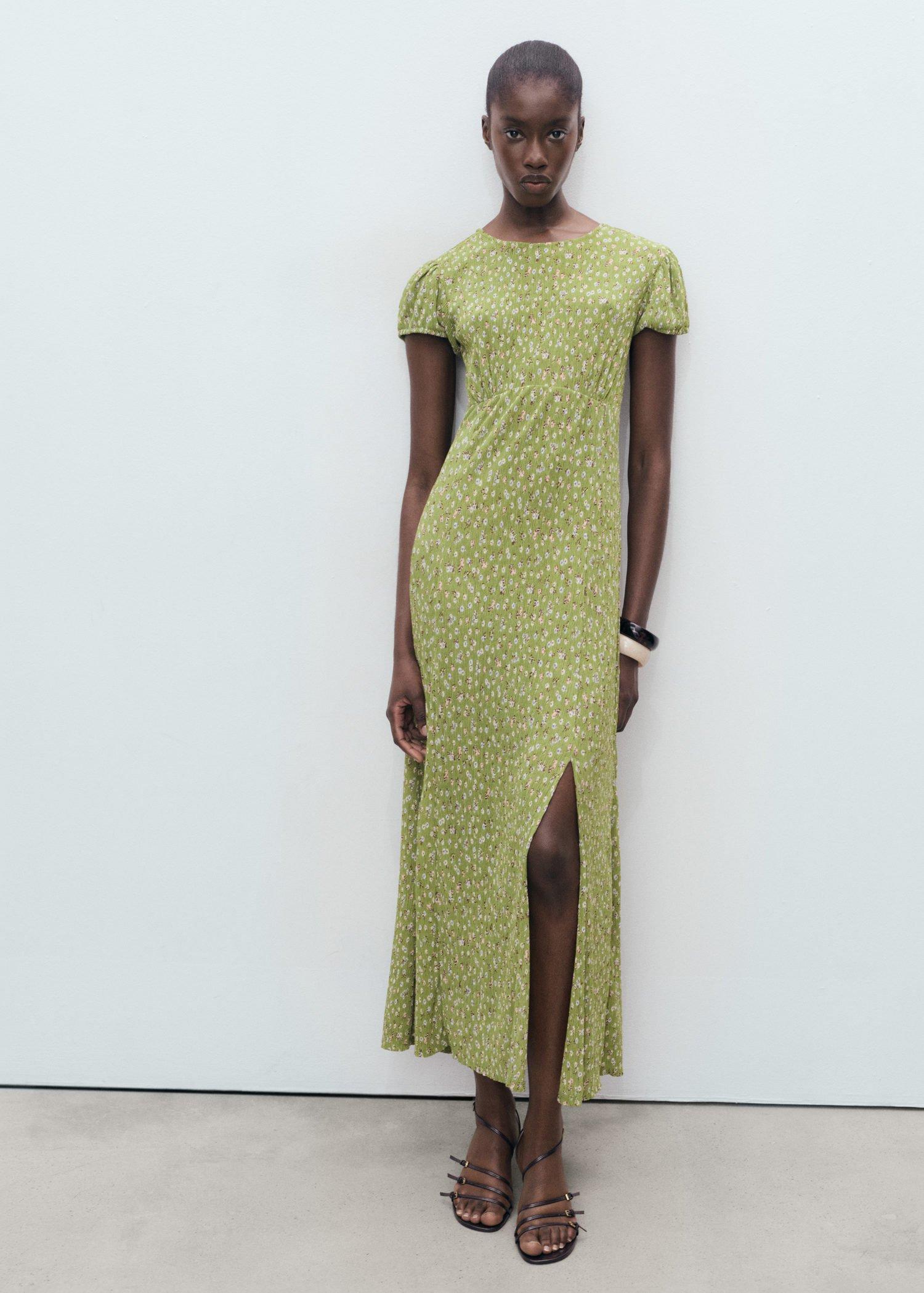 Green Side Slit Printed Dress, , medium