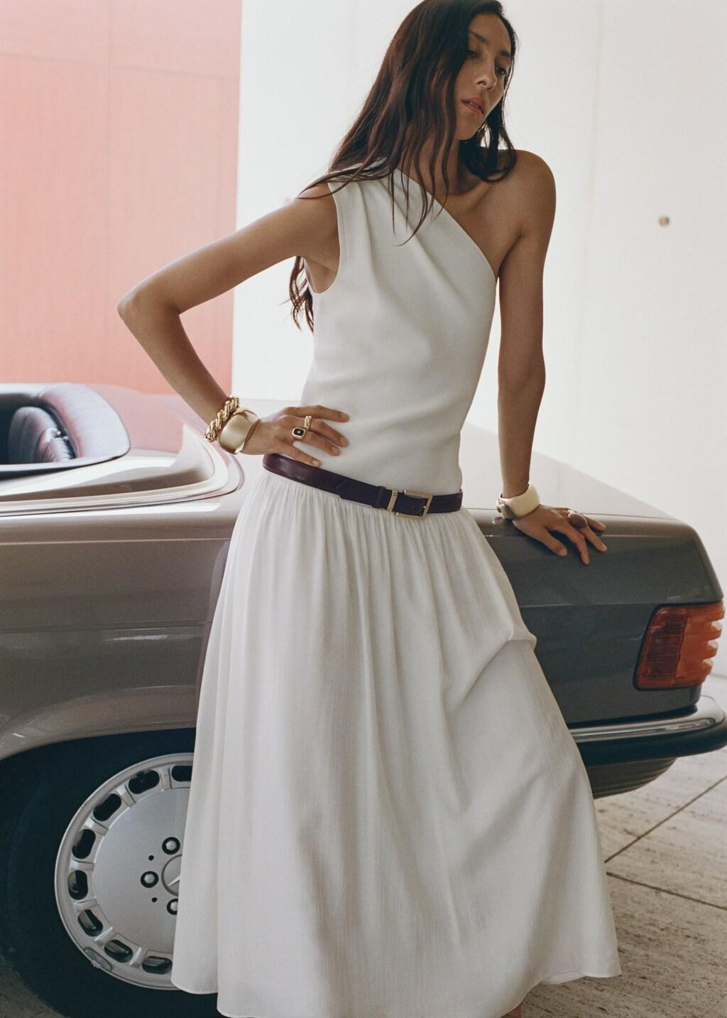 LIGHT BEIGE Asymmetrical combined knitted dress, 0201_05, medium