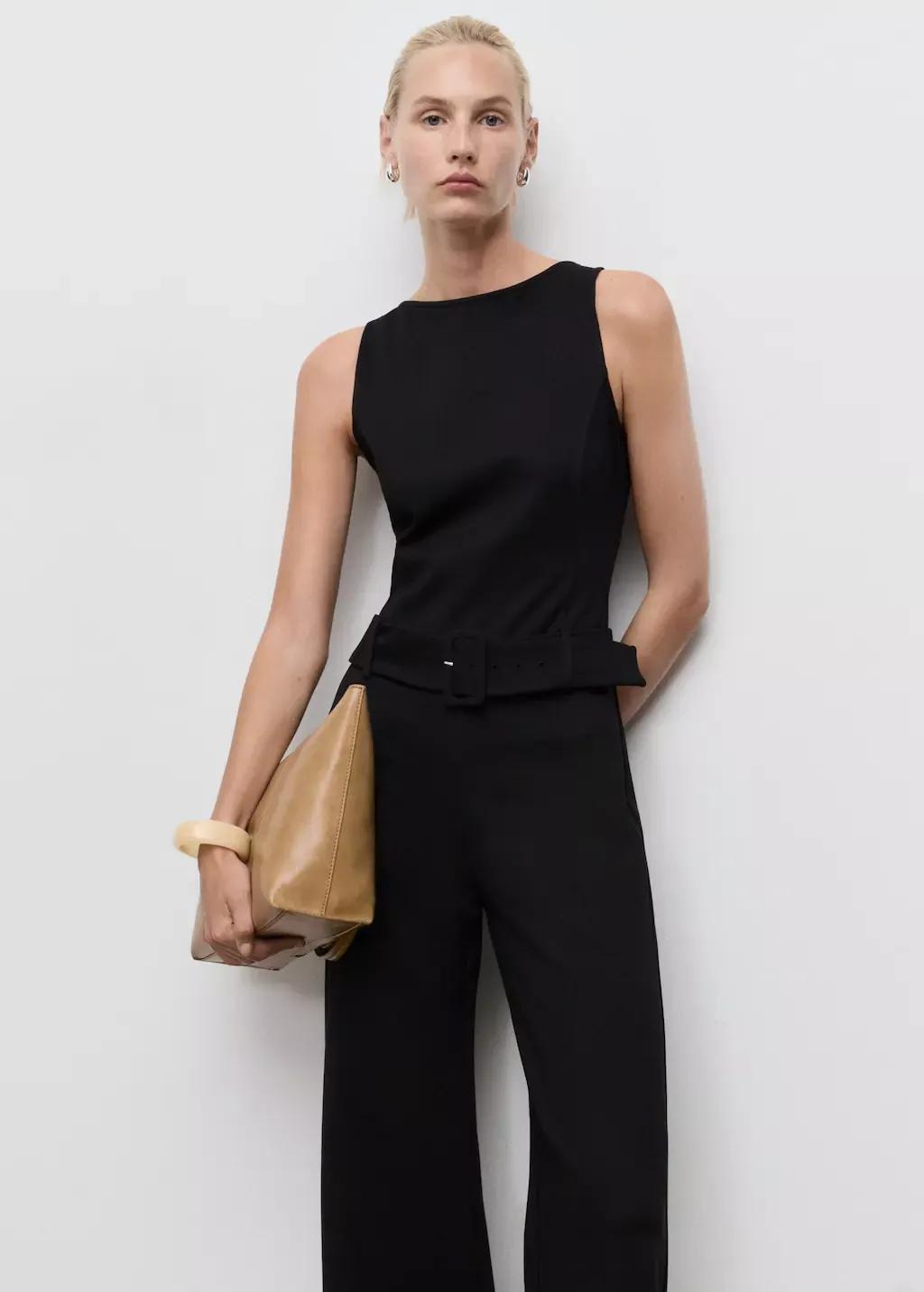 Black Long Jumpsuit With Belt And Buckle, , large image number 0