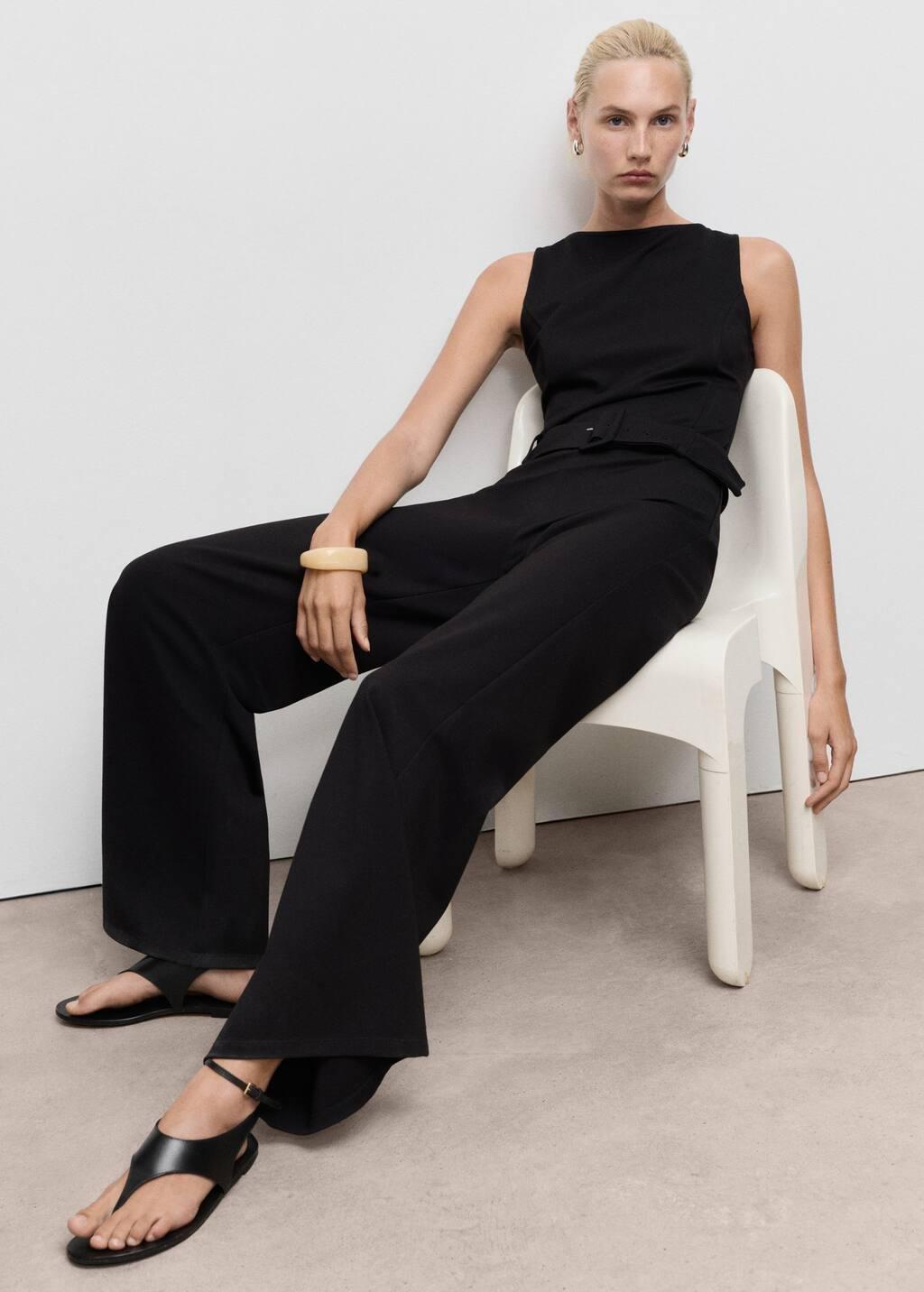 Black Long Jumpsuit With Belt And Buckle, Black, medium
