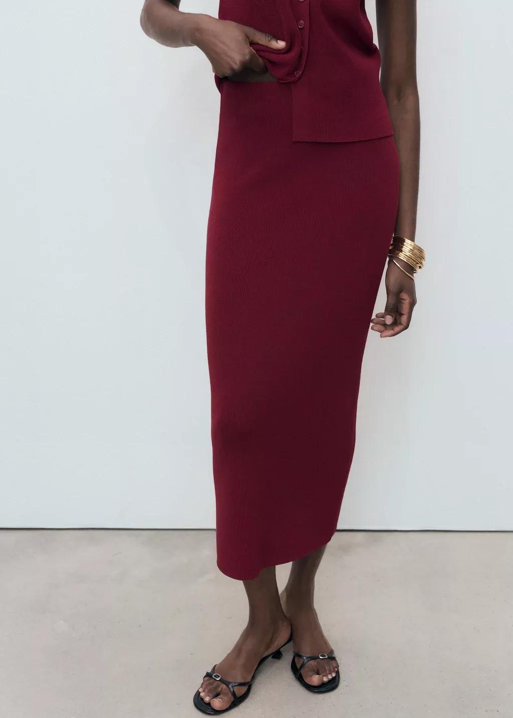 Red Fine Knit Midi Skirt, Dark Red, large image number 1