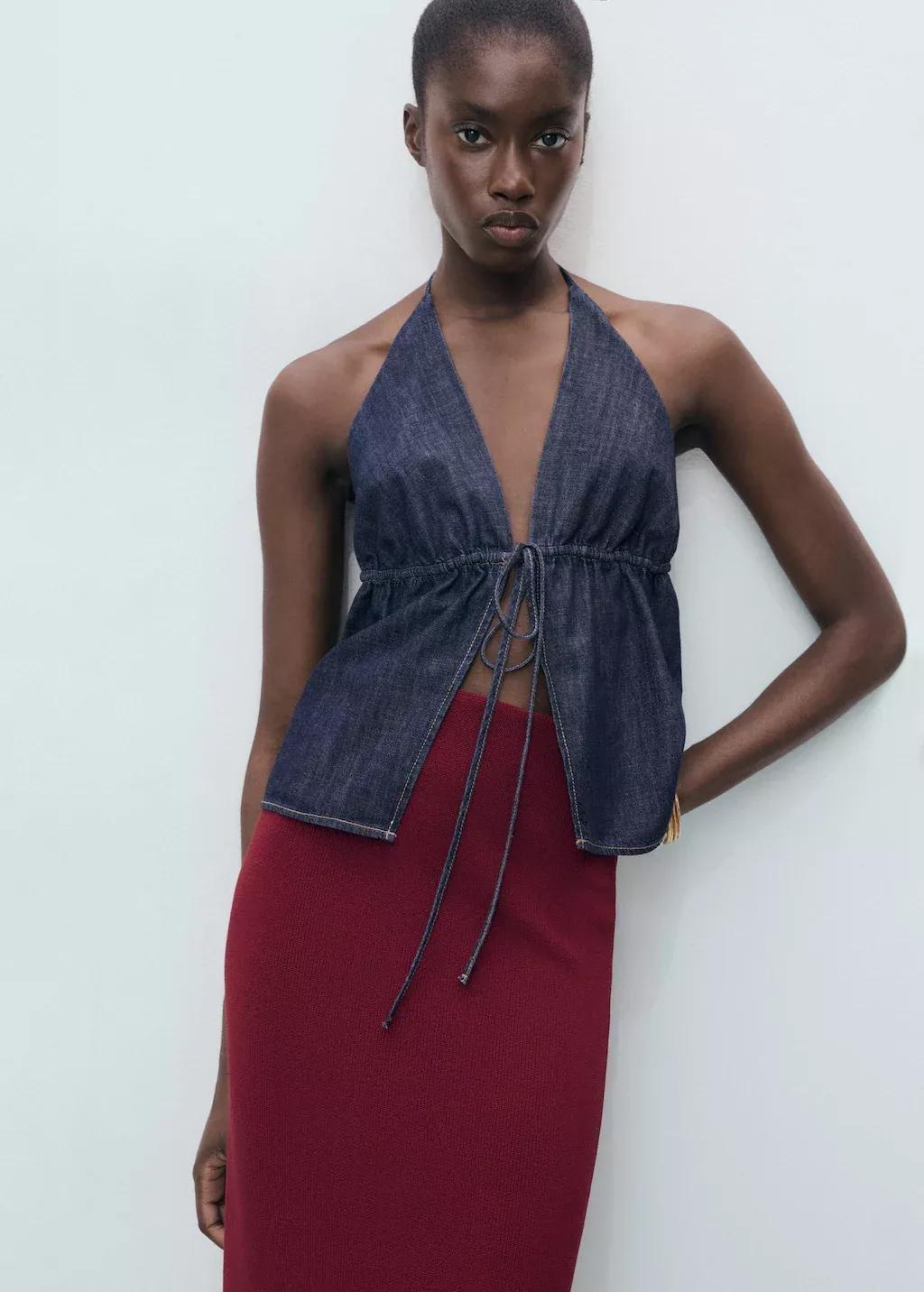 Red Fine Knit Midi Skirt, Dark Red, large image number 2