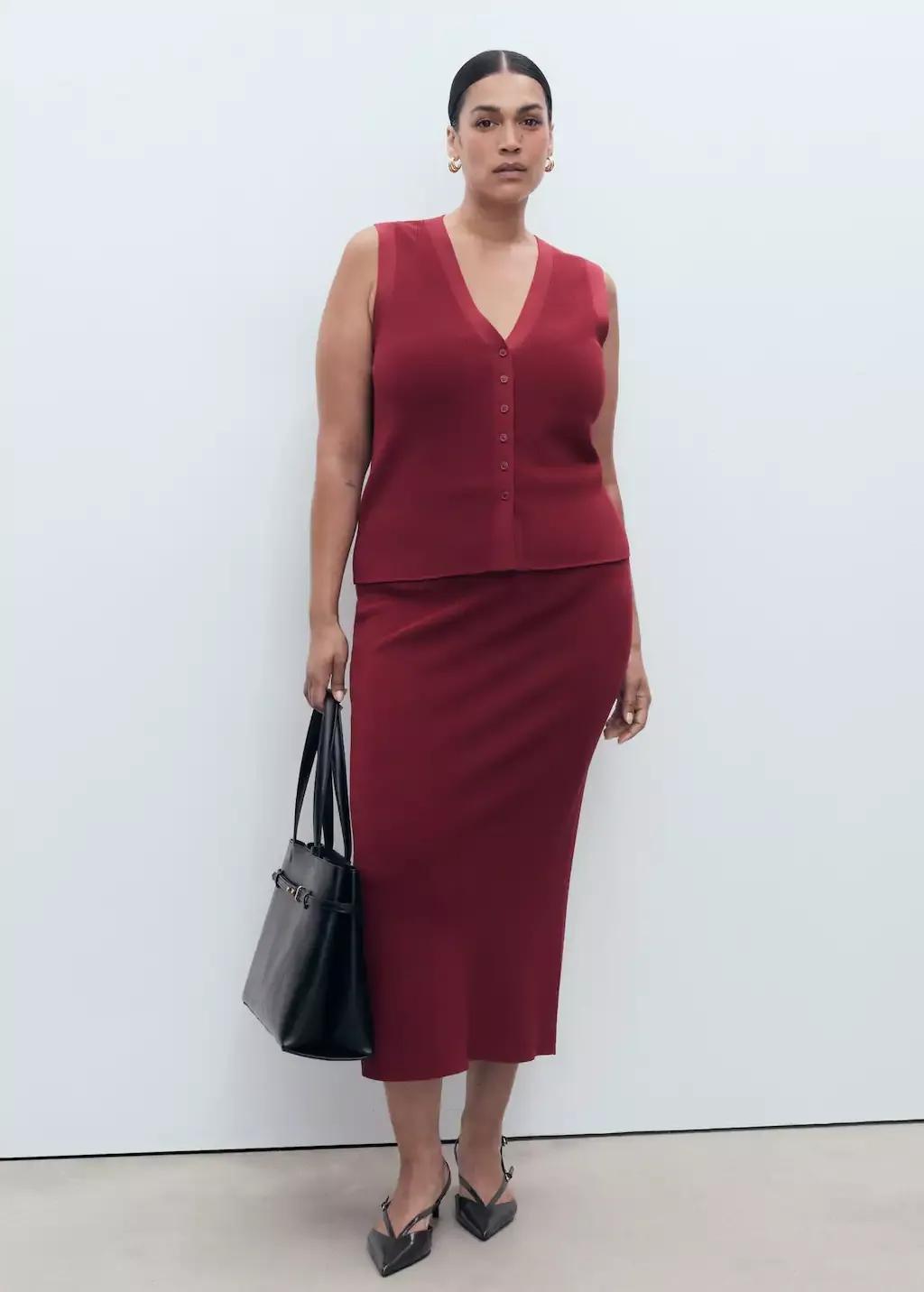 Red Fine Knit Midi Skirt, Dark Red, large image number 3