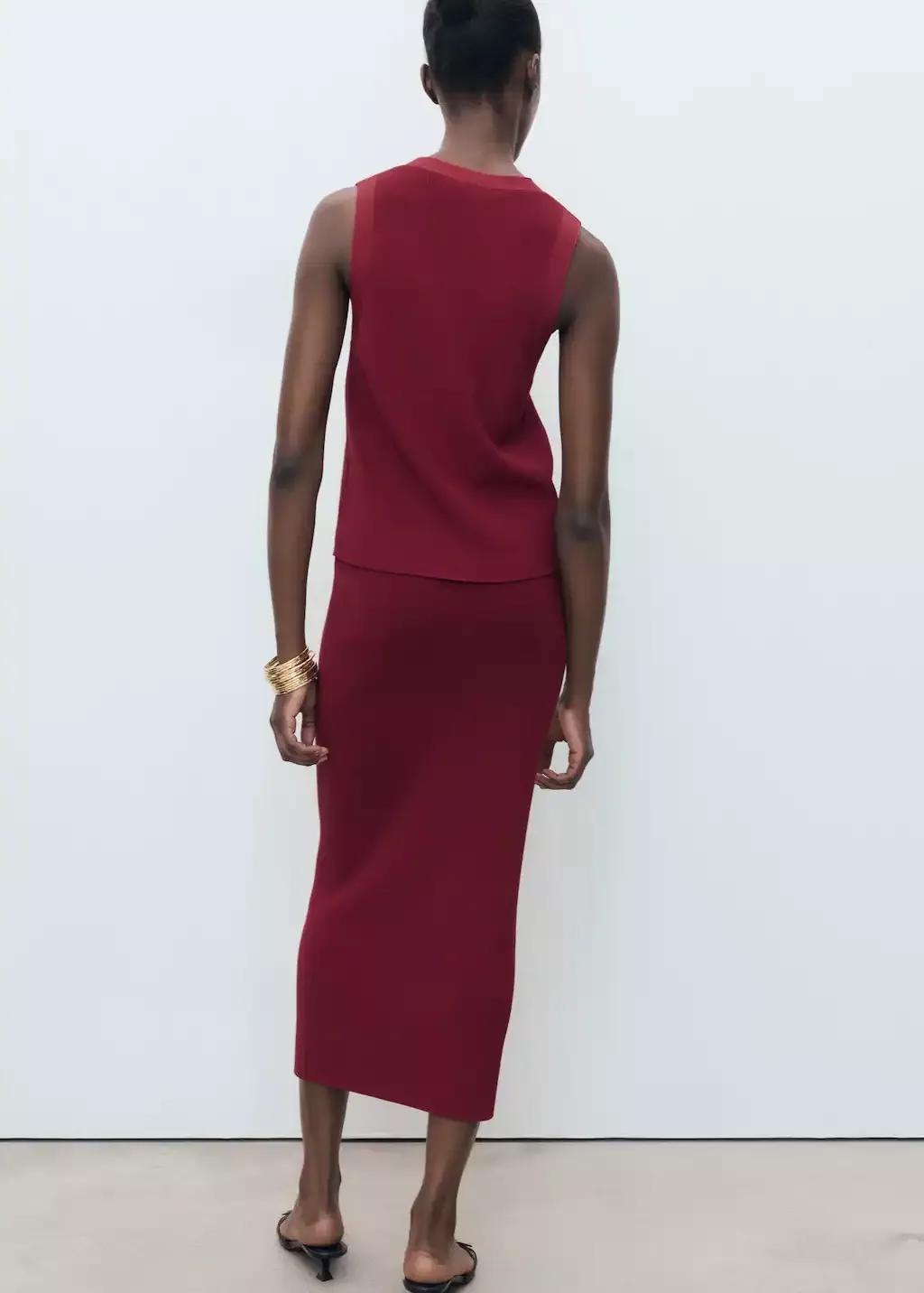 Red Fine Knit Midi Skirt, Dark Red, large image number 7