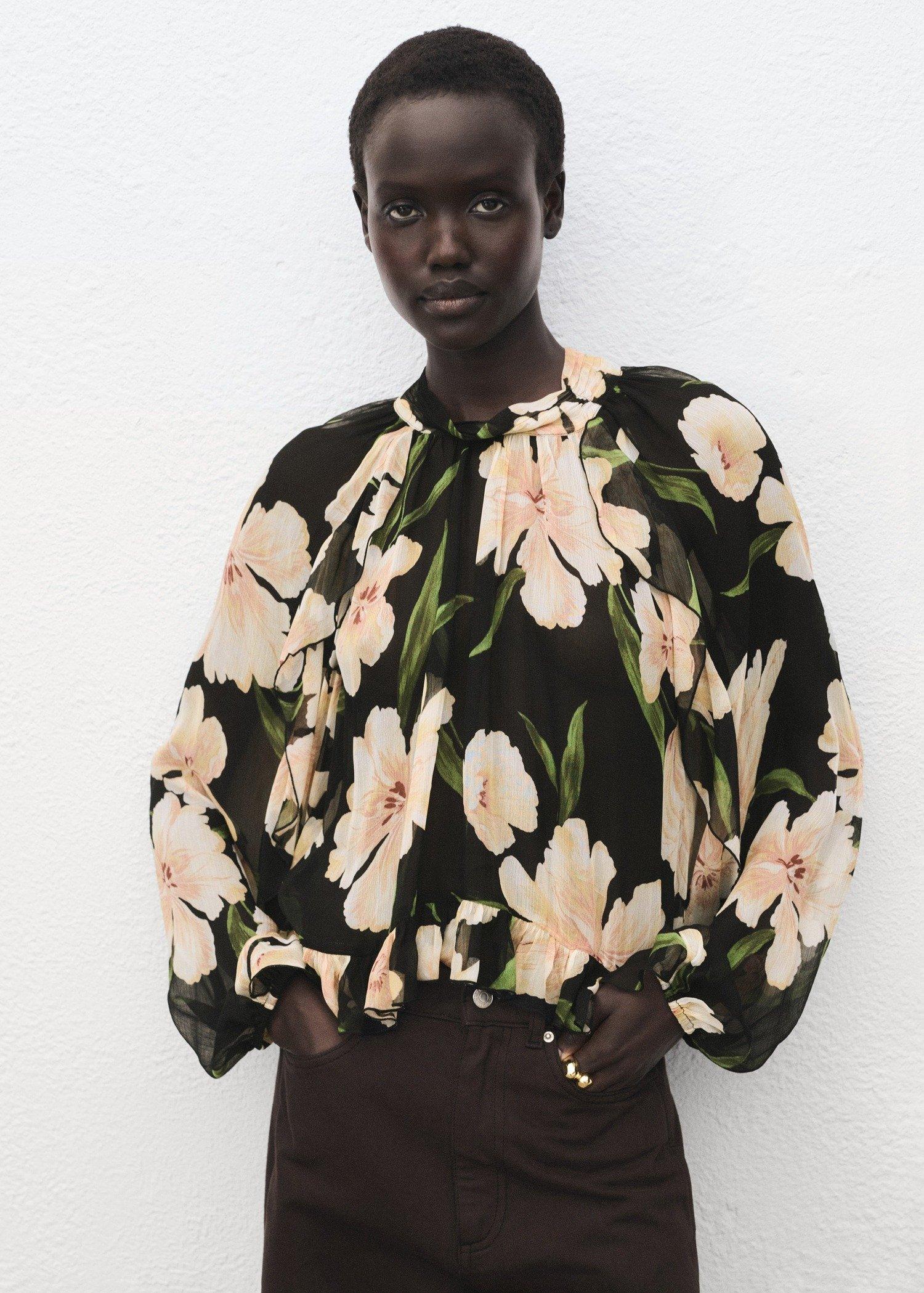 Black Semi-Transparent Floral Blouse, , large image number 0