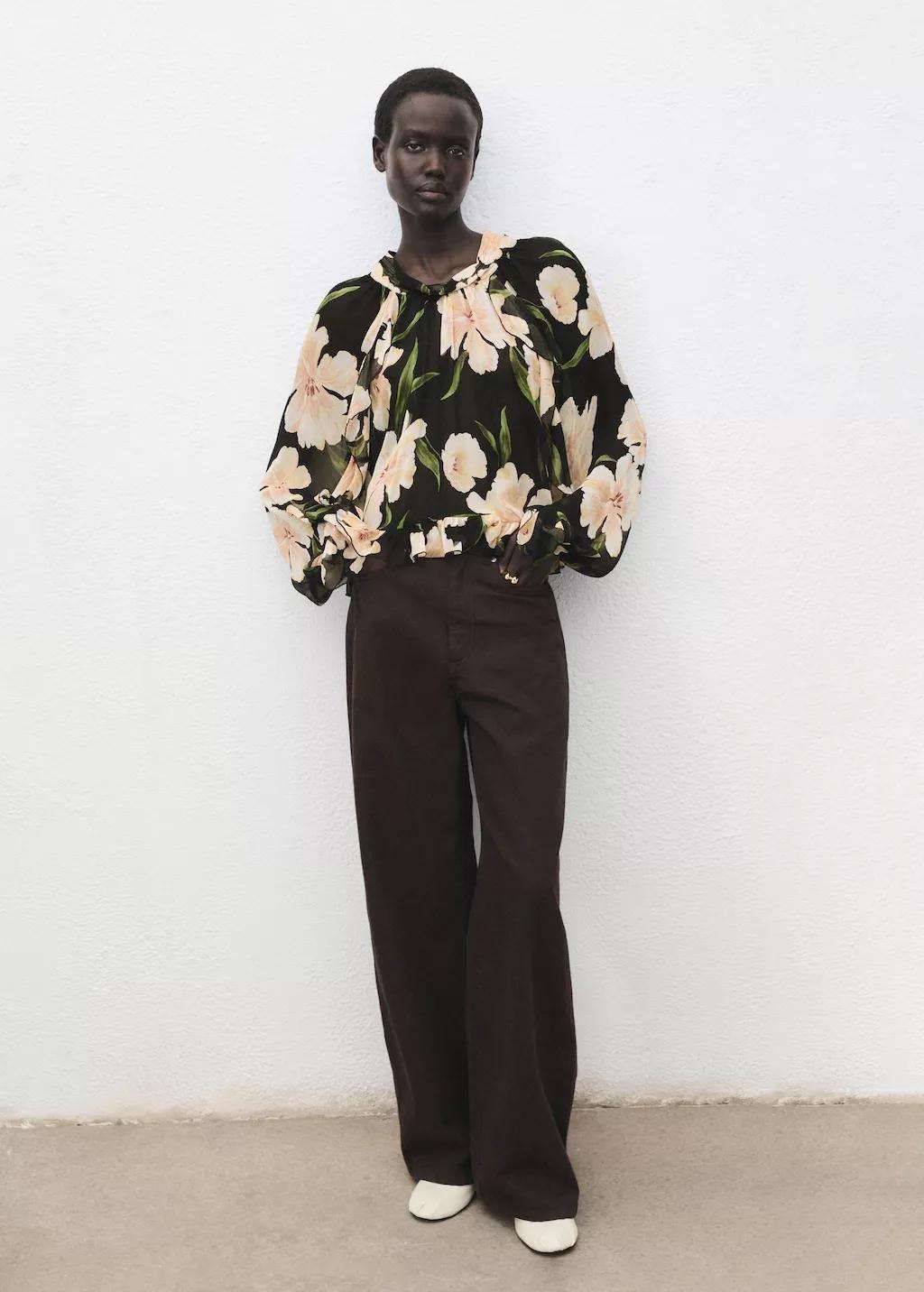 Black Semi-Transparent Floral Blouse, , large image number 1