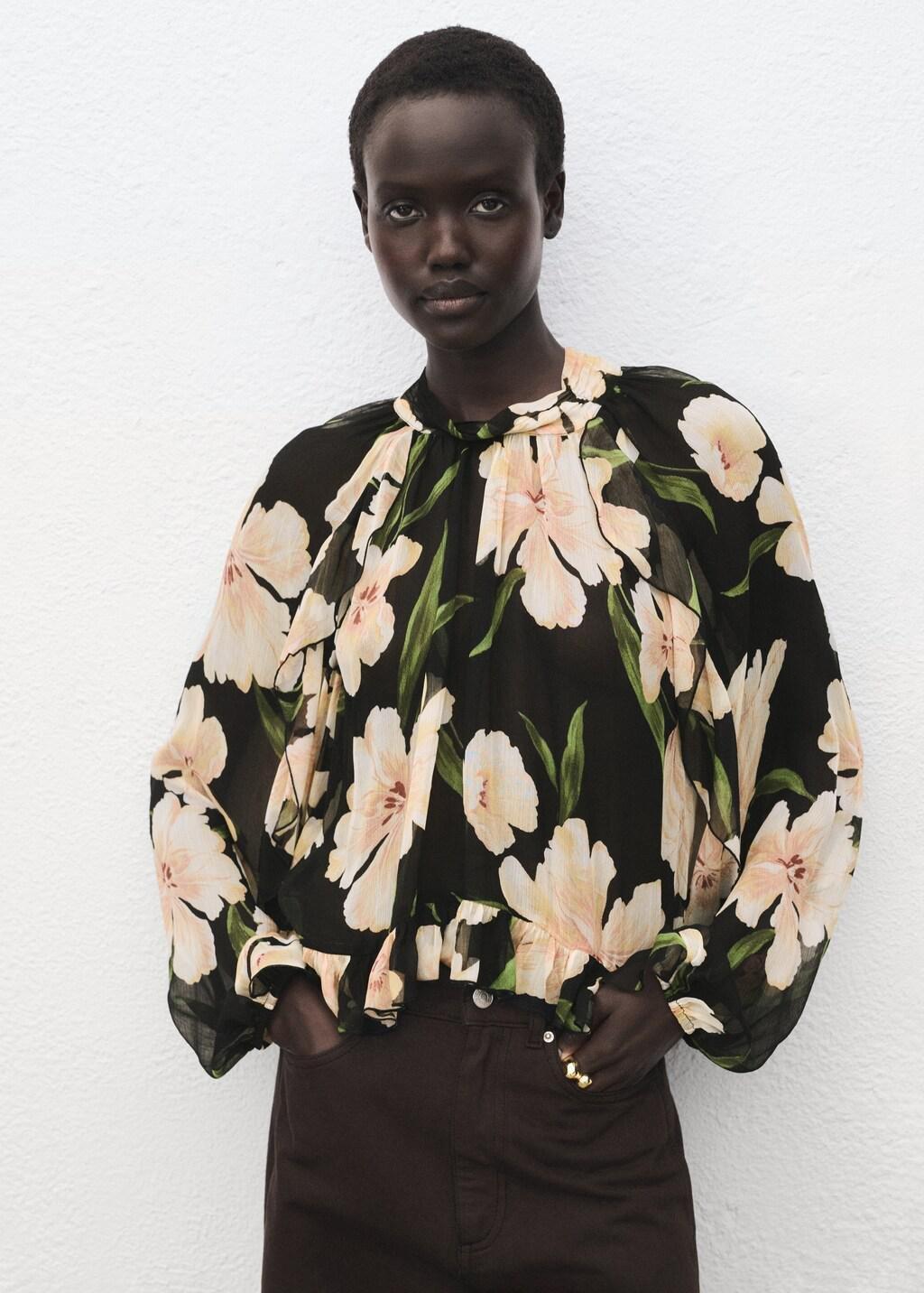 Black Semi-Transparent Floral Blouse, , large image number 7