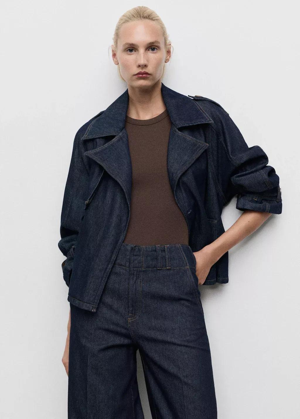Blue Short Denim Trench Coat With Belt, , large image number 0