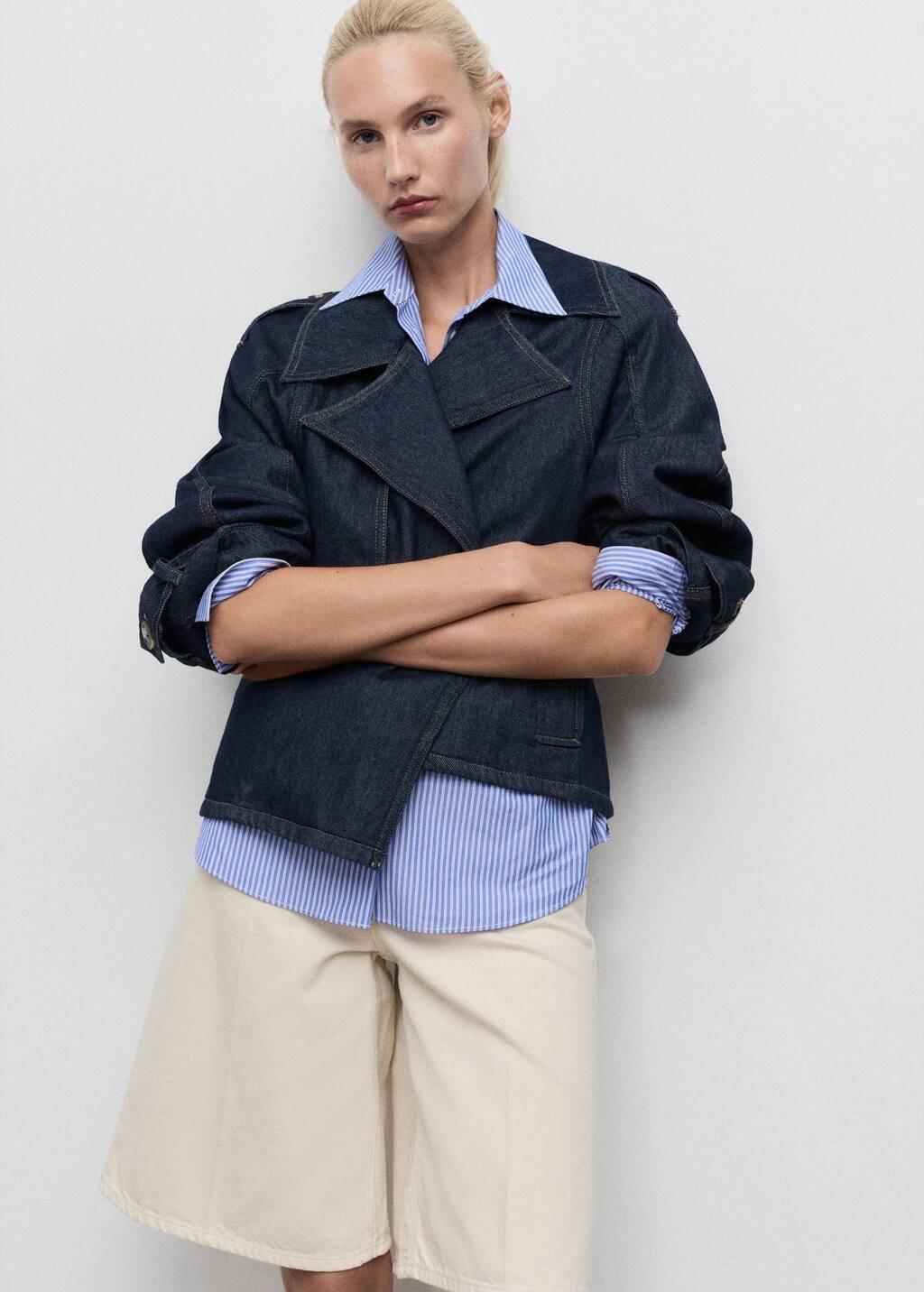 Blue Short Denim Trench Coat With Belt, , large image number 2