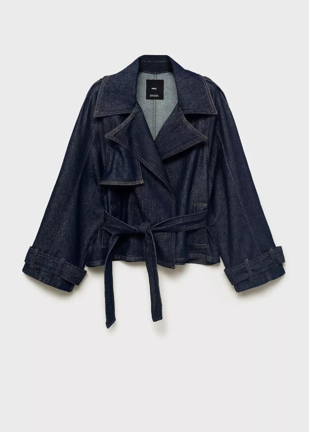 Blue Short Denim Trench Coat With Belt, , large image number 3