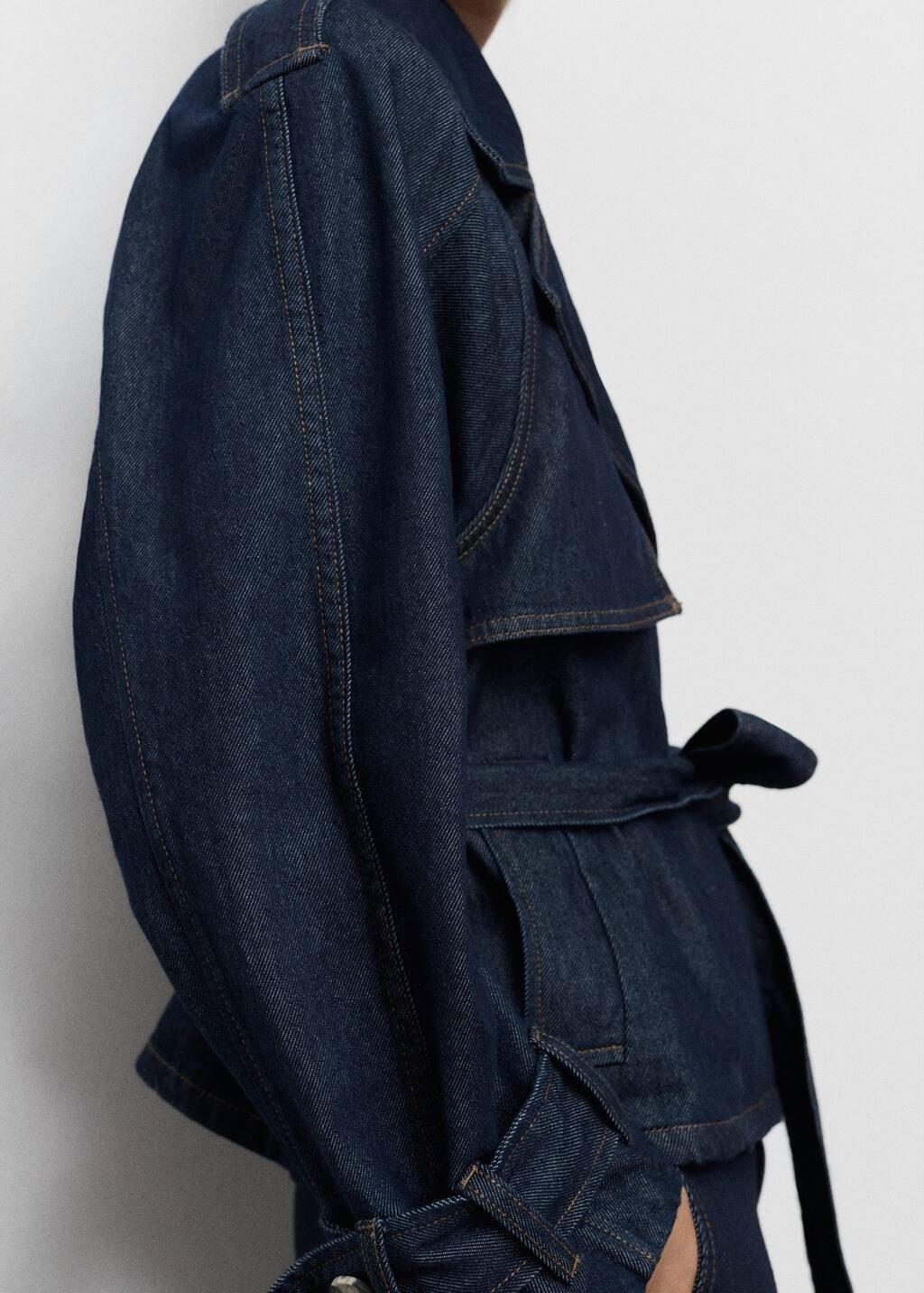Blue Short Denim Trench Coat With Belt, , large image number 4