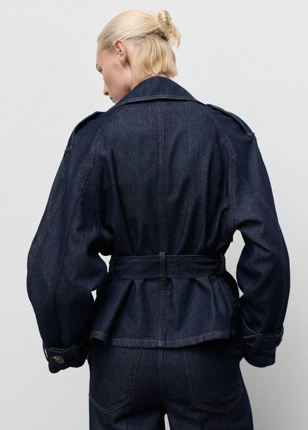 Blue Short Denim Trench Coat With Belt, , large image number 6
