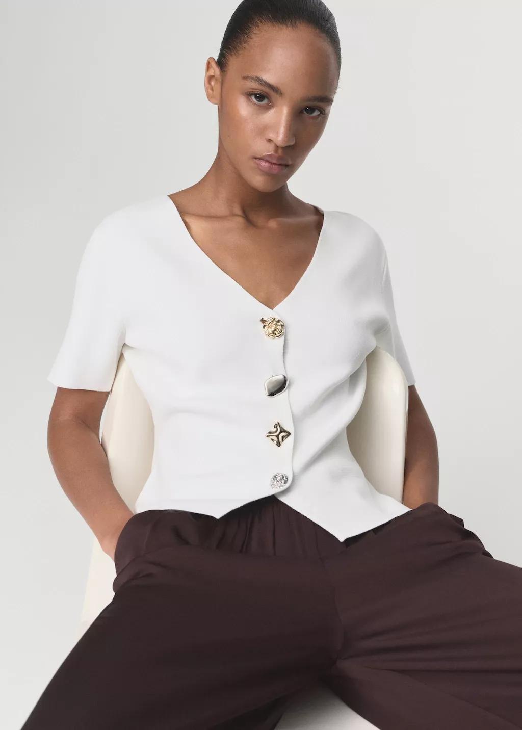 WHITE Knitted cardigan with jewel button, , large image number 7