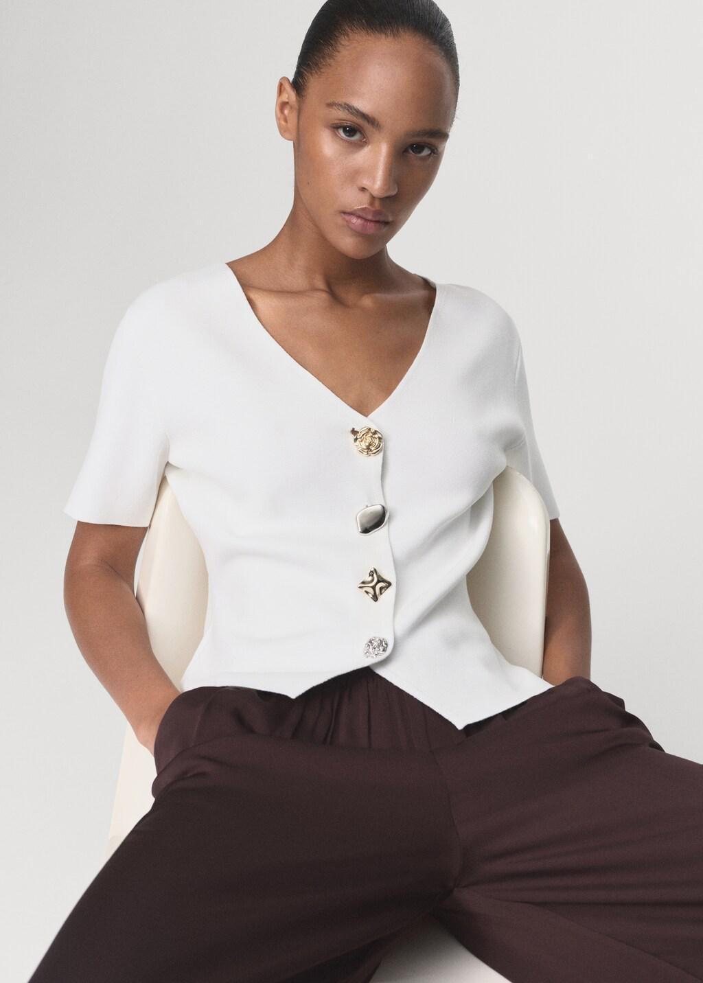 WHITE Knitted cardigan with jewel button, 0201_01, large image number 7