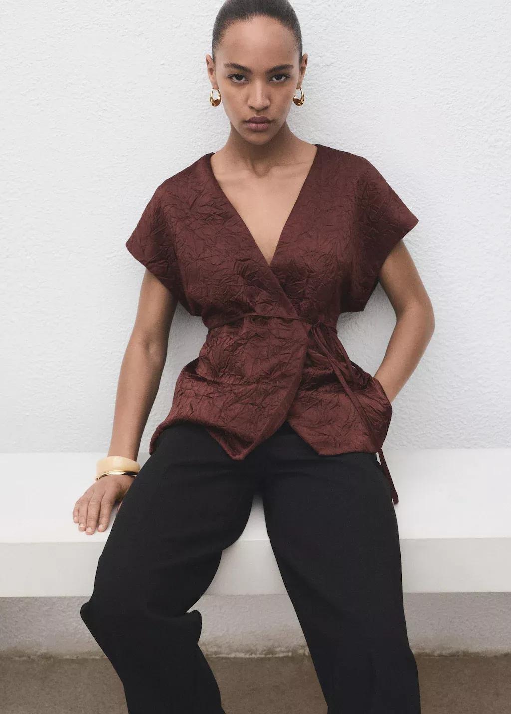 Brown Crumpled Effect Double-Breasted Vest, 0201_32, large image number 5