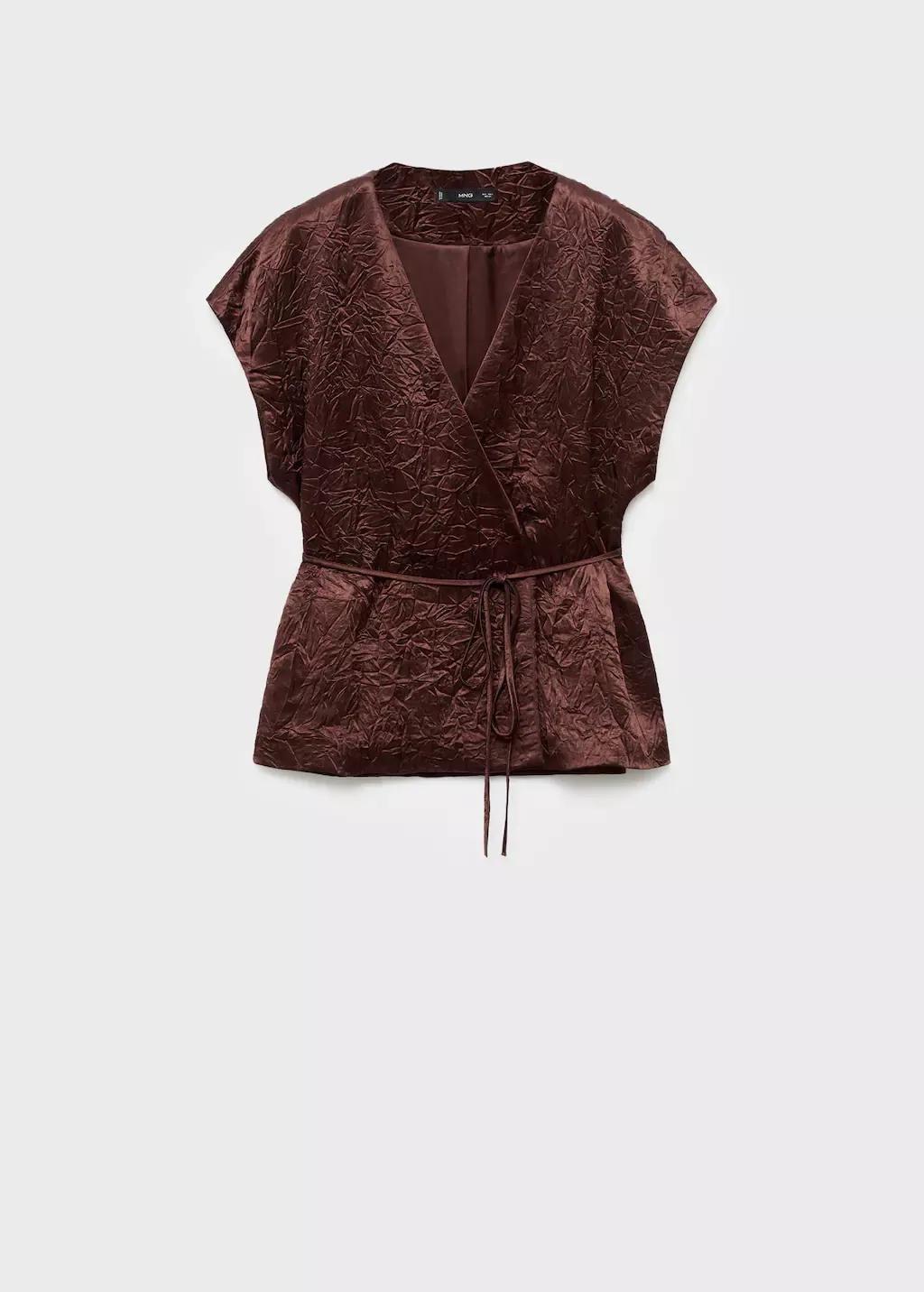 Brown Crumpled Effect Double-Breasted Vest, 0201_32, large image number 8