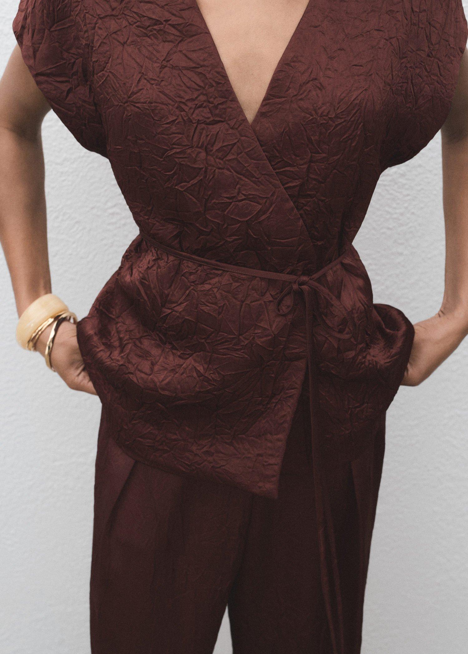 Brown Crumpled Effect Double-Breasted Vest, 0201_32, large image number 11