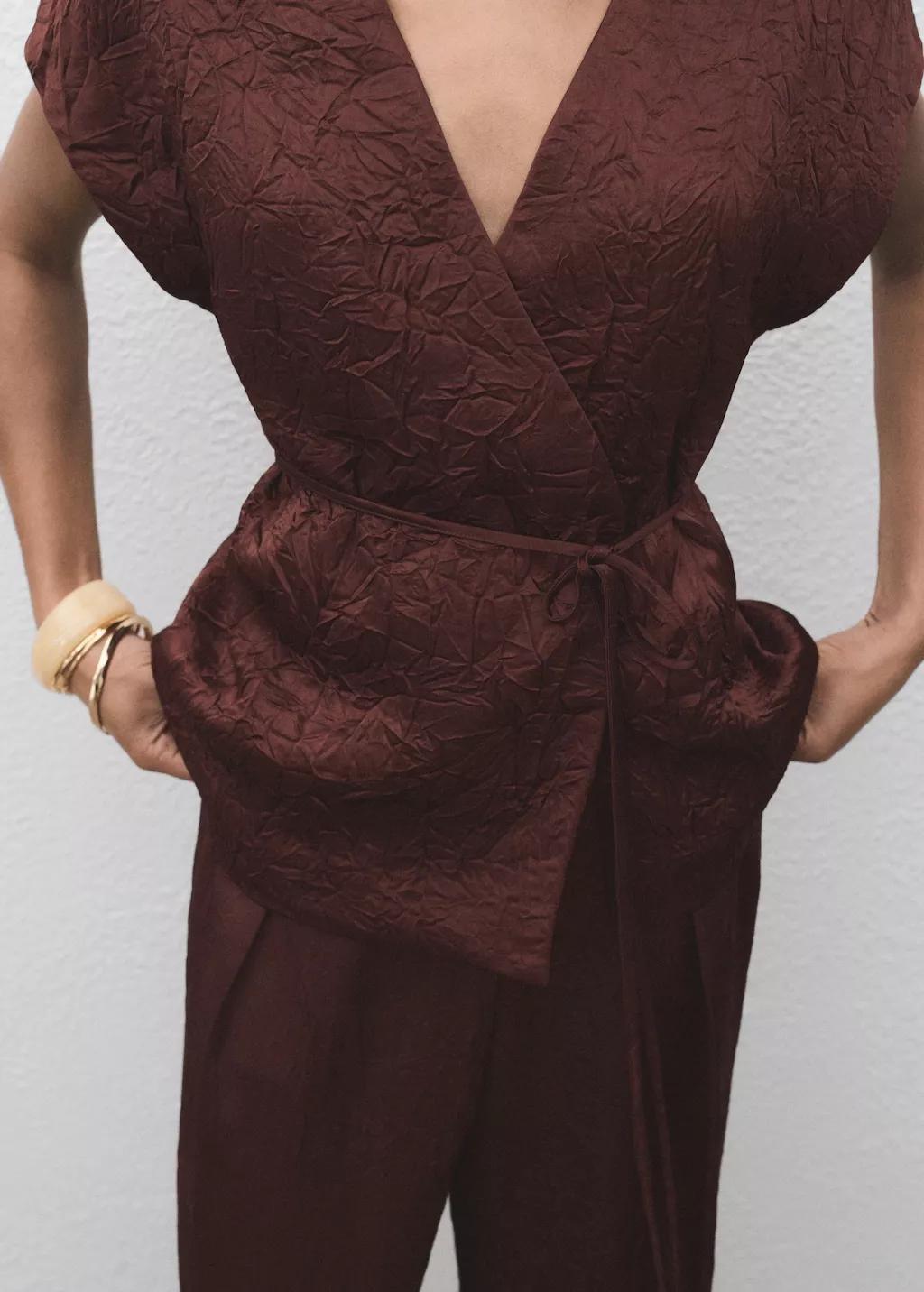 Brown Crumpled Effect Double-Breasted Vest, 0201_32, large image number 13