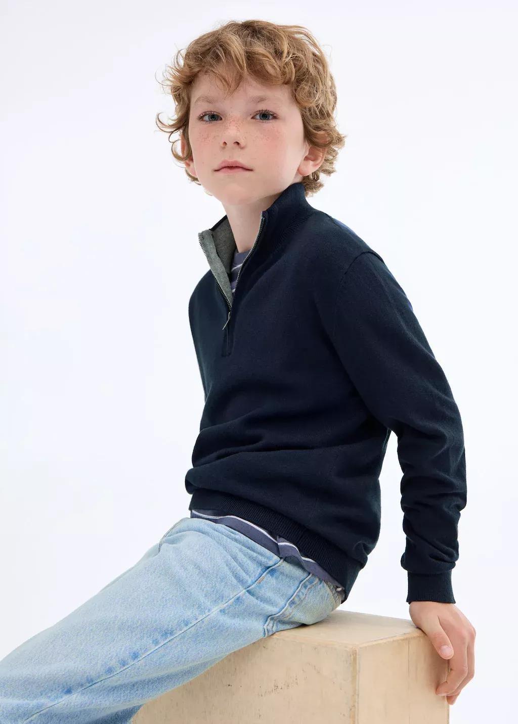 Navy Zip Neck Jumper, Kids Boy, , large image number 0