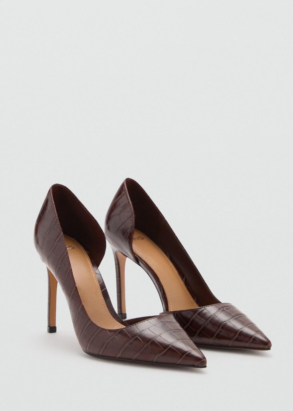 Brown Croc-Effect Heeled Shoes, Dark Brown, large image number 1