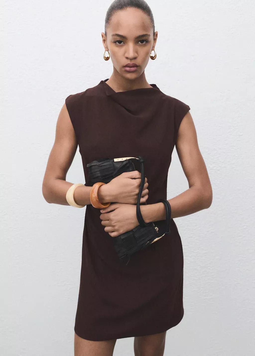 DARK BROWN Ruched dress with draped neckline, Dark Brown, large image number 0