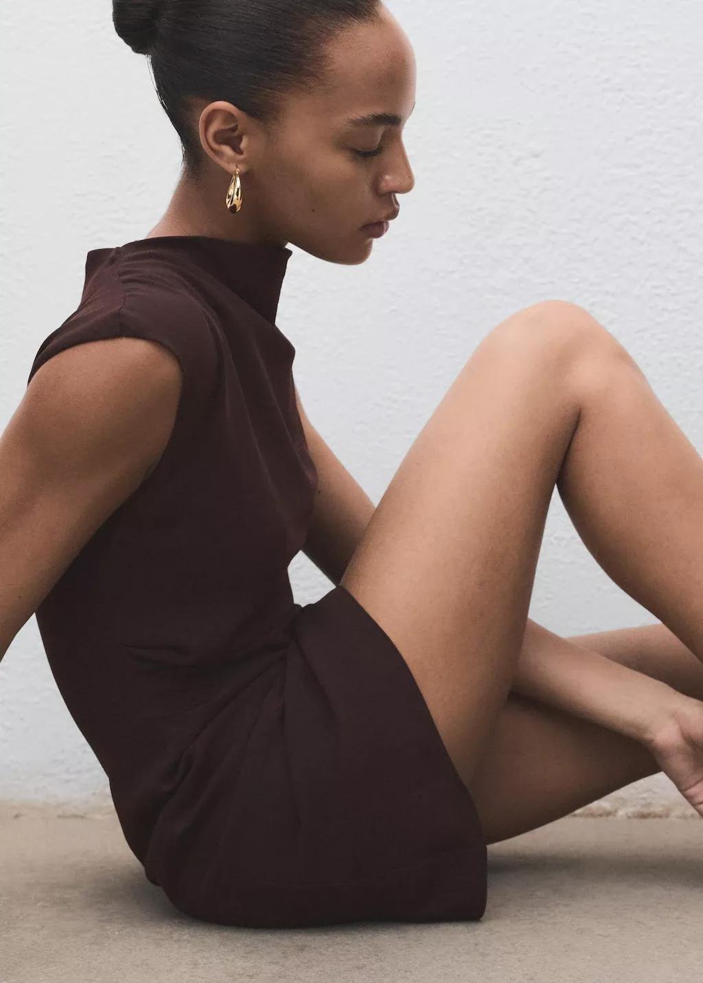DARK BROWN Ruched dress with draped neckline, Dark Brown, large image number 2