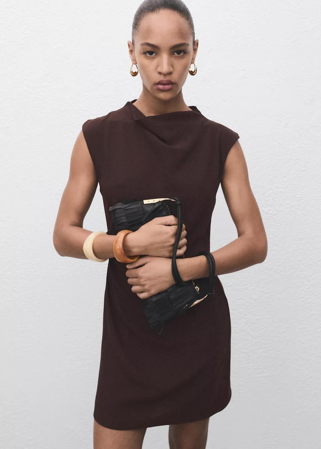 DARK BROWN Short dress with draped neck, , large image number 3
