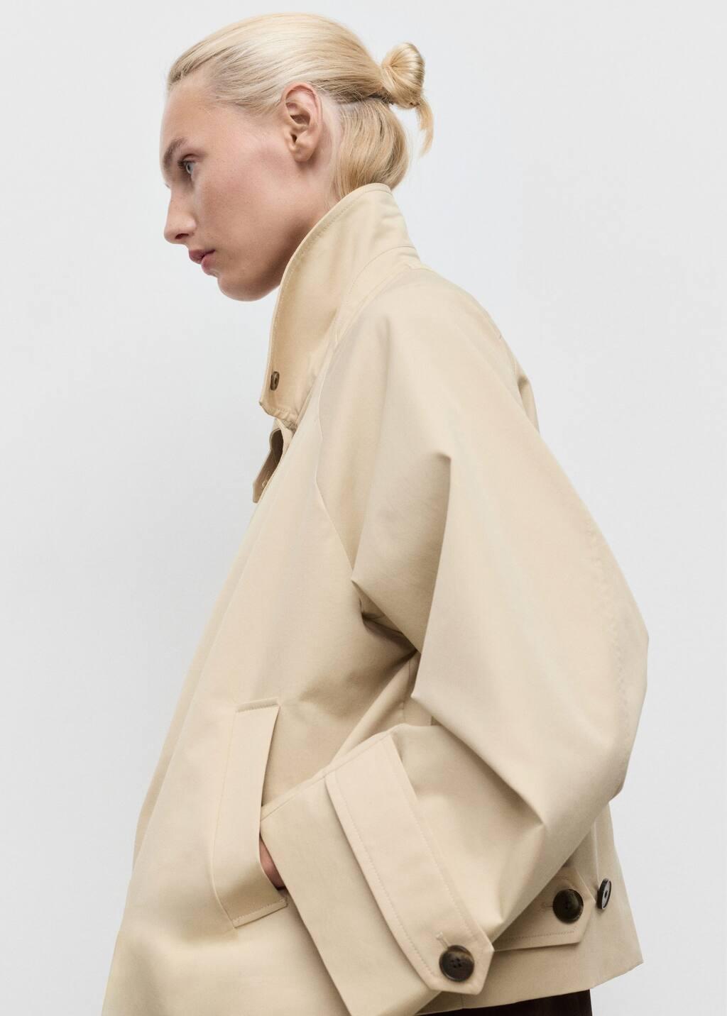 Beige Short Oversized Trench Coat With Epaulettes, , large image number 4