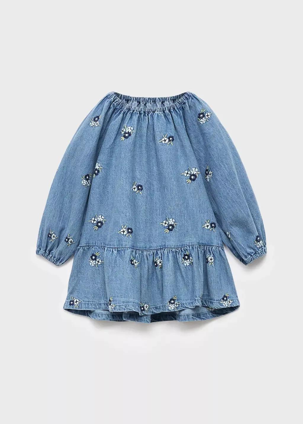 Blue Flower Embroidered Denim Dress, Baby Girls, Open Blue, large image number 0