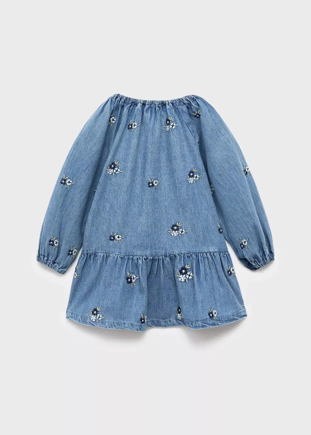 Blue Flower Embroidered Denim Dress, Baby Girls, Open Blue, large image number 1