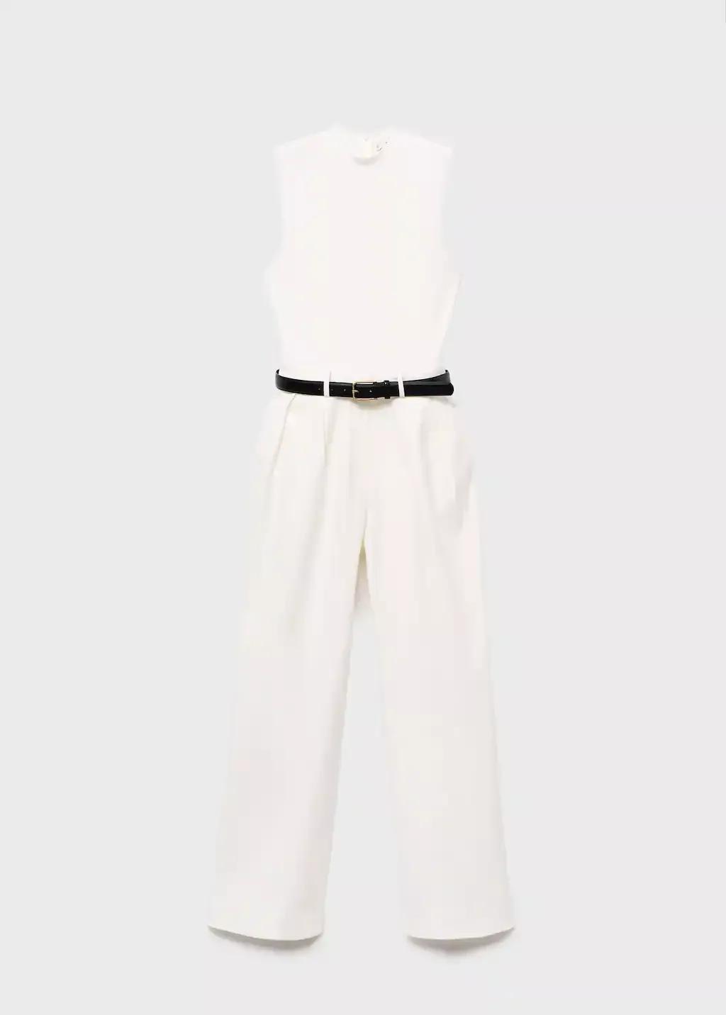 White Combined-Fabric Jumpsuit With Belt, , medium