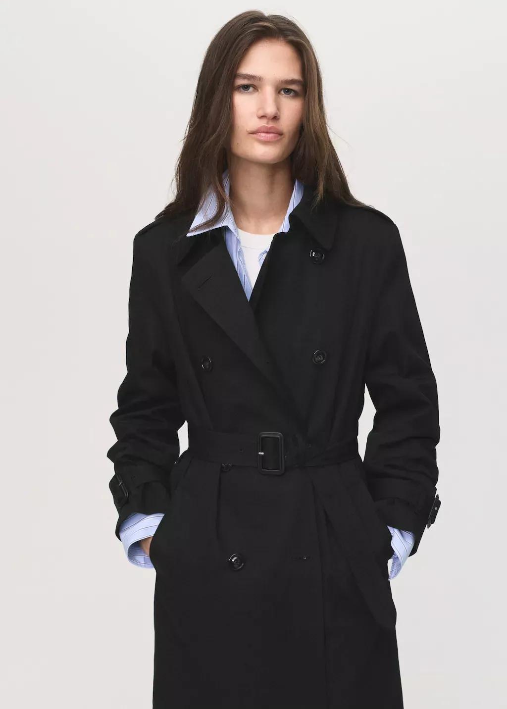 Black Classic Trench Coat With Belt, , large image number 0