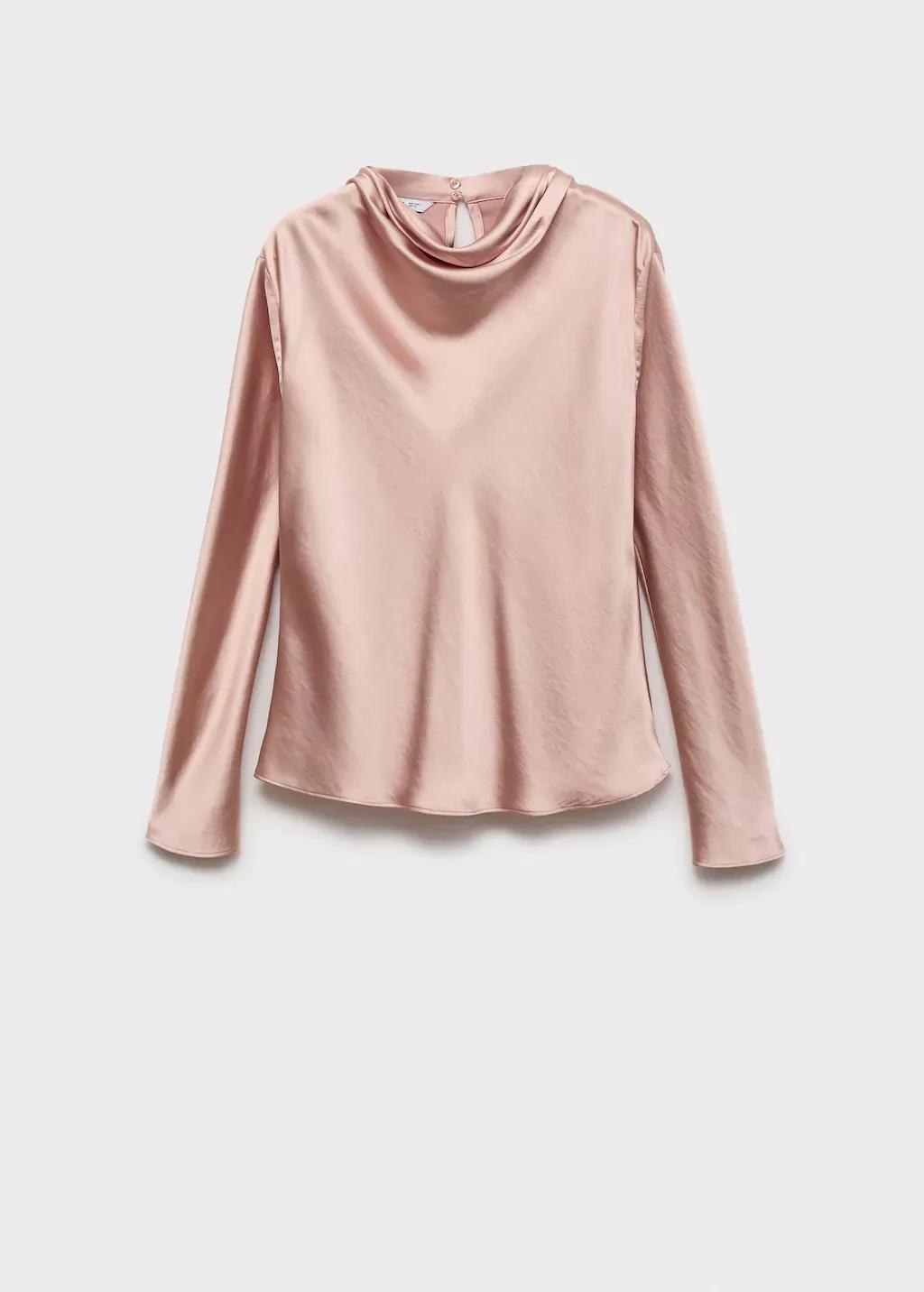 Pink Satin Blouse With Draped Neck, Light-Pastel Pink, medium