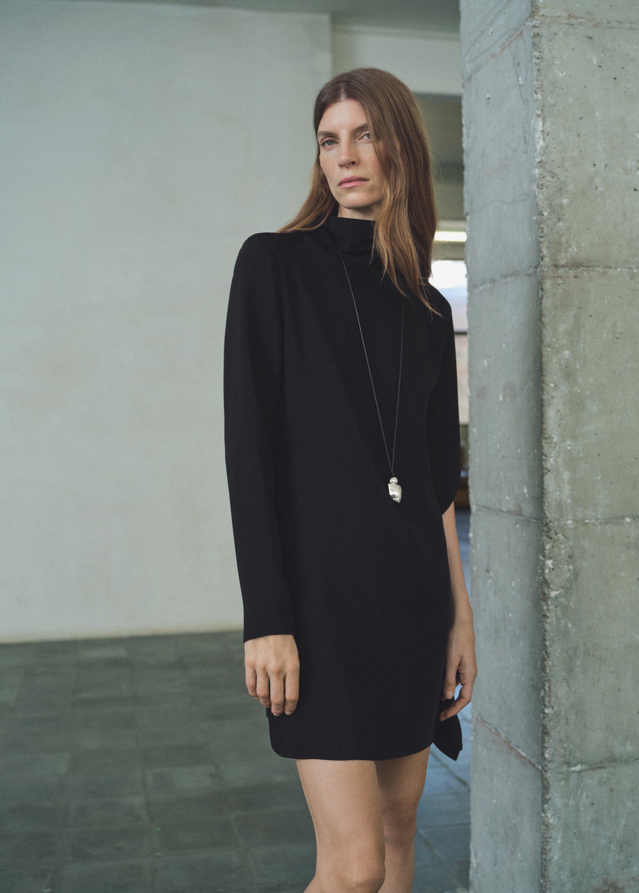 Black Turtleneck Dress With Asymmetrical Sleeves, Black, medium