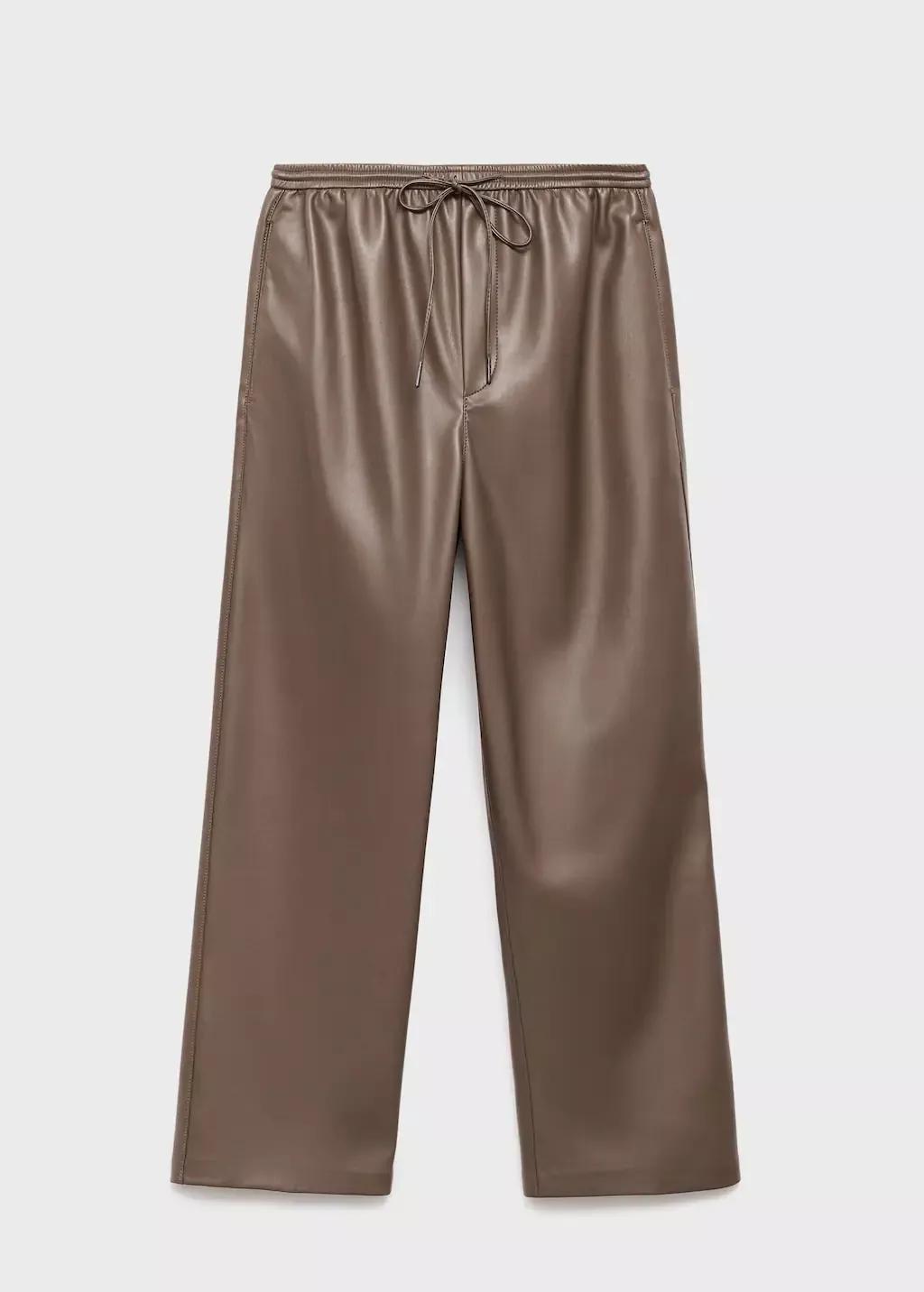 Brown Leather-Effect Elastic Waist Trousers, Medium Brown, medium