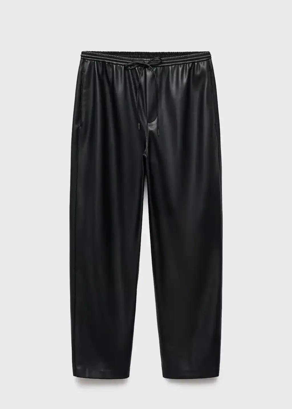 Black Leather-Effect Elastic Waist Trousers, Black, medium