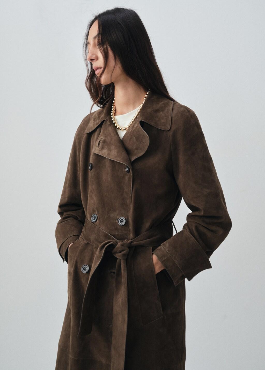 Khaki 100% Suede Double-Breasted Trench Coat, Beige - Khaki, large image number 3