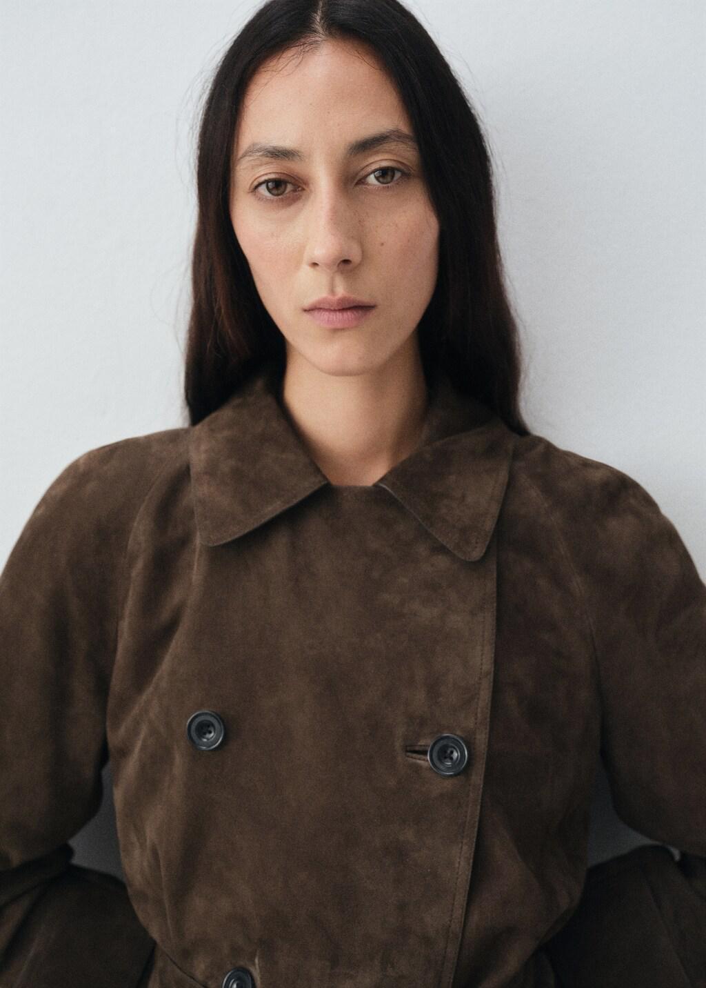 Khaki 100% Suede Double-Breasted Trench Coat, Beige - Khaki, large image number 6