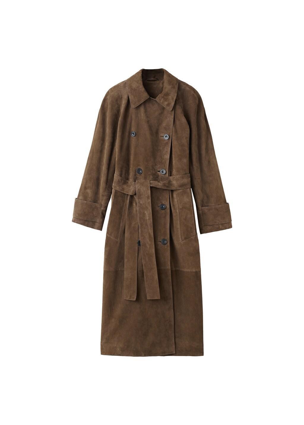 Khaki 100% Suede Double-Breasted Trench Coat, Beige - Khaki, large image number 7