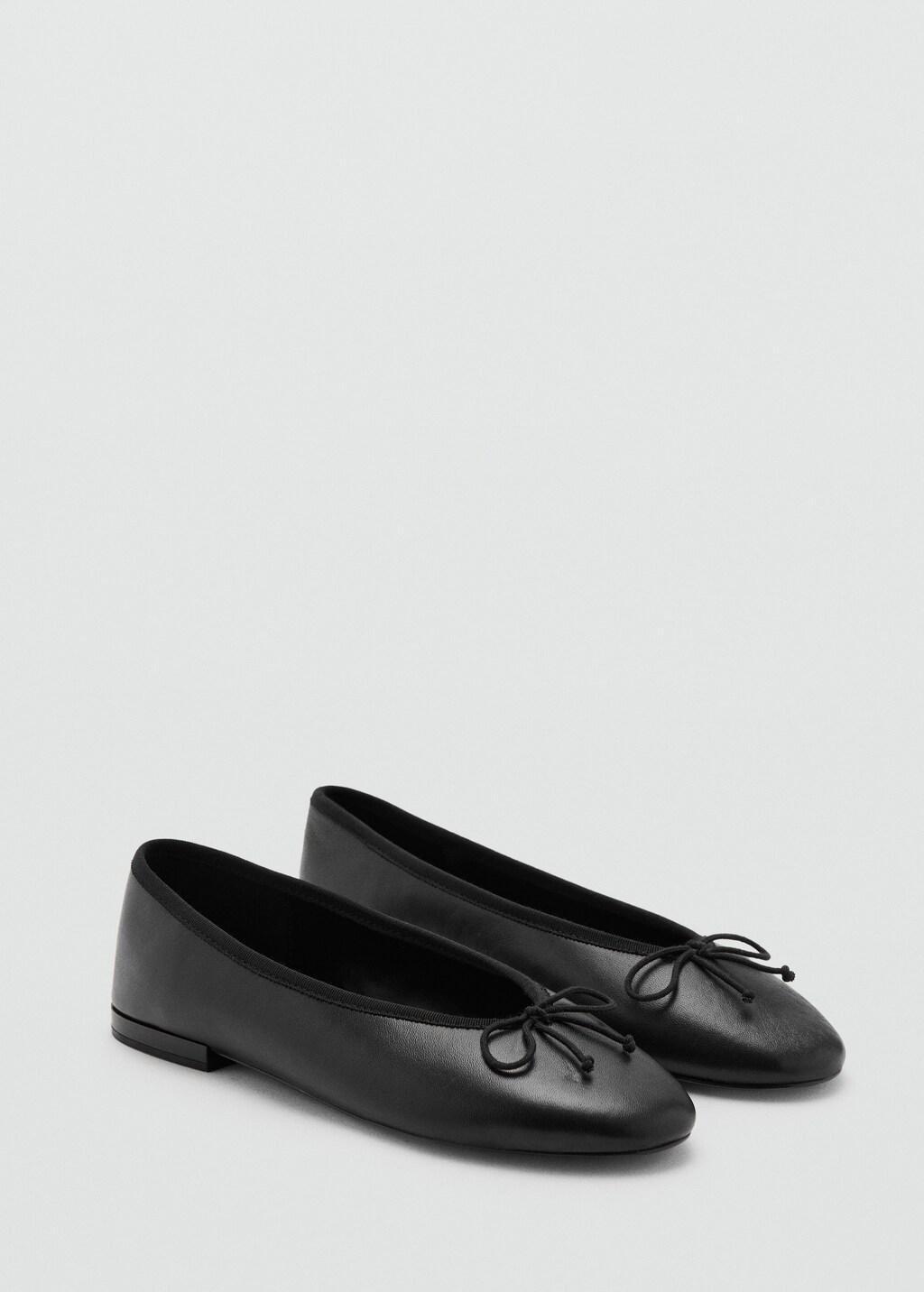 Black Leather Ballet Flats With Bow, Black, large image number 1