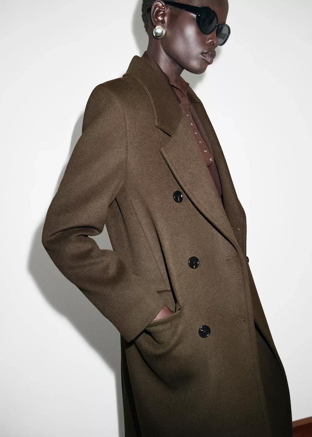Khaki Double-Breasted Wool Coat, 0201_37, large image number 3