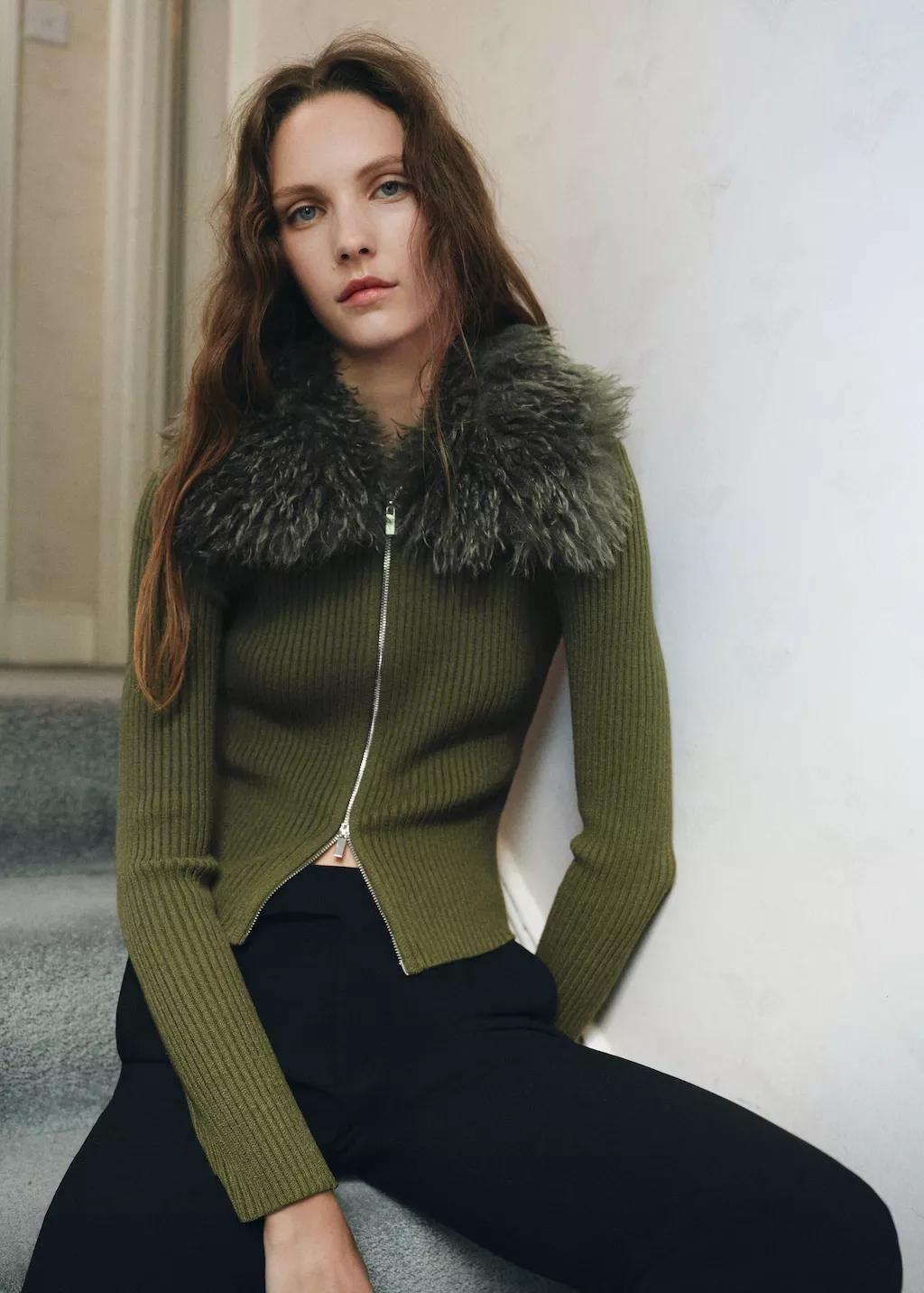 Khaki Combined Zip-Up Faux Fur Cardigan, 0201_37, large image number 3