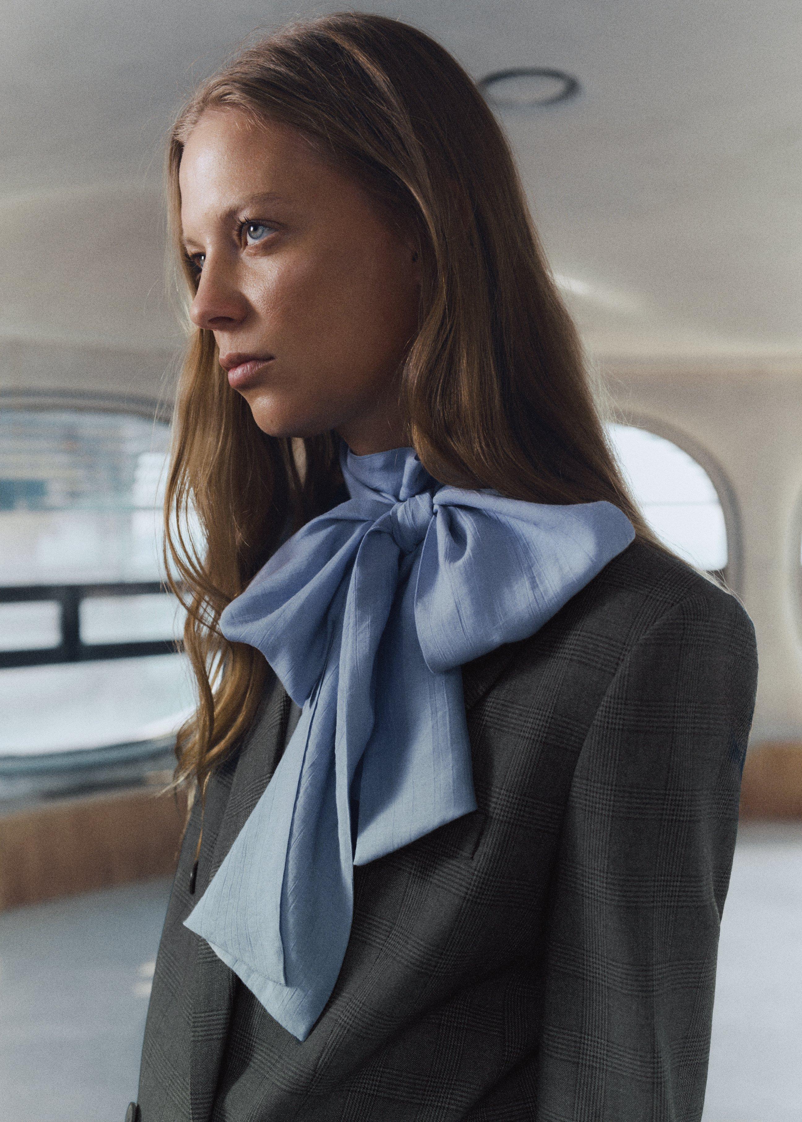 Blue Textured Blouse With Foulard, Medium Blue, medium