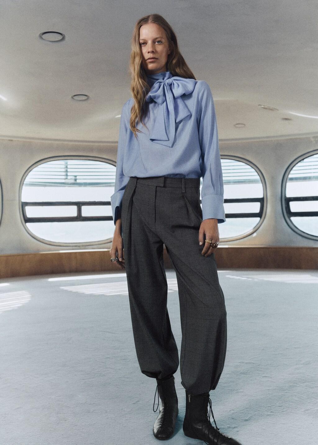 Blue Textured Blouse With Foulard, Medium Blue, medium