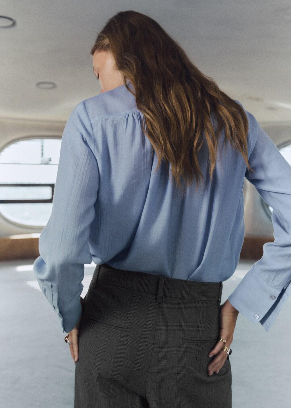 Blue Textured Blouse With Foulard, Medium Blue, medium