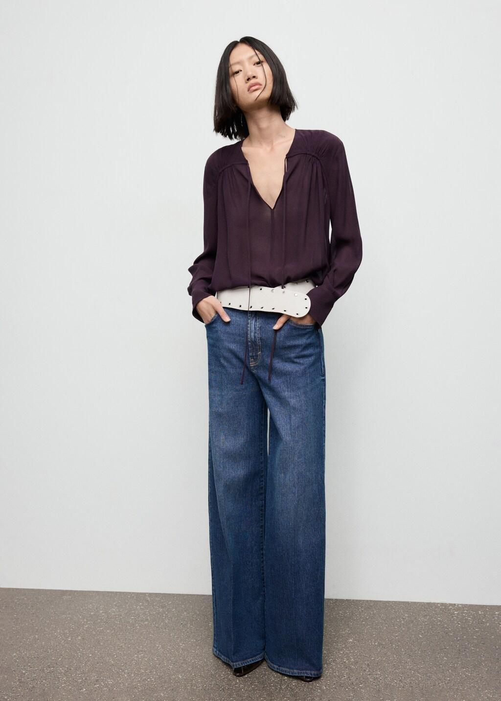 Red Chiffon Blouse With Bow Neckline, Dark Red, medium