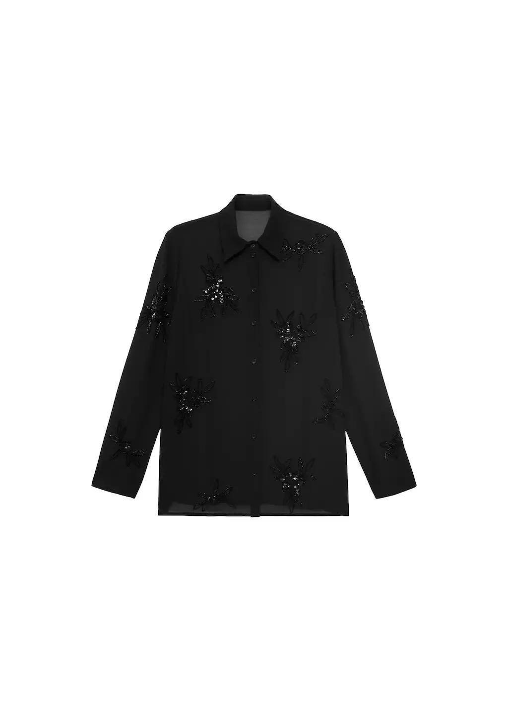 BLACK Semi-transparent shirt with rhinestone embroidery, Black, large image number 0