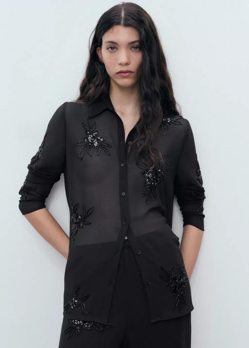 BLACK Semi-transparent shirt with rhinestone embroidery, Black, large image number 1