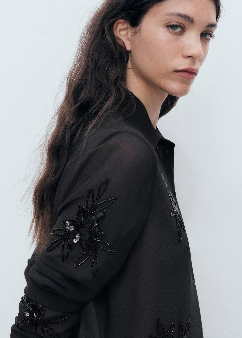 BLACK Semi-transparent shirt with rhinestone embroidery, Black, medium