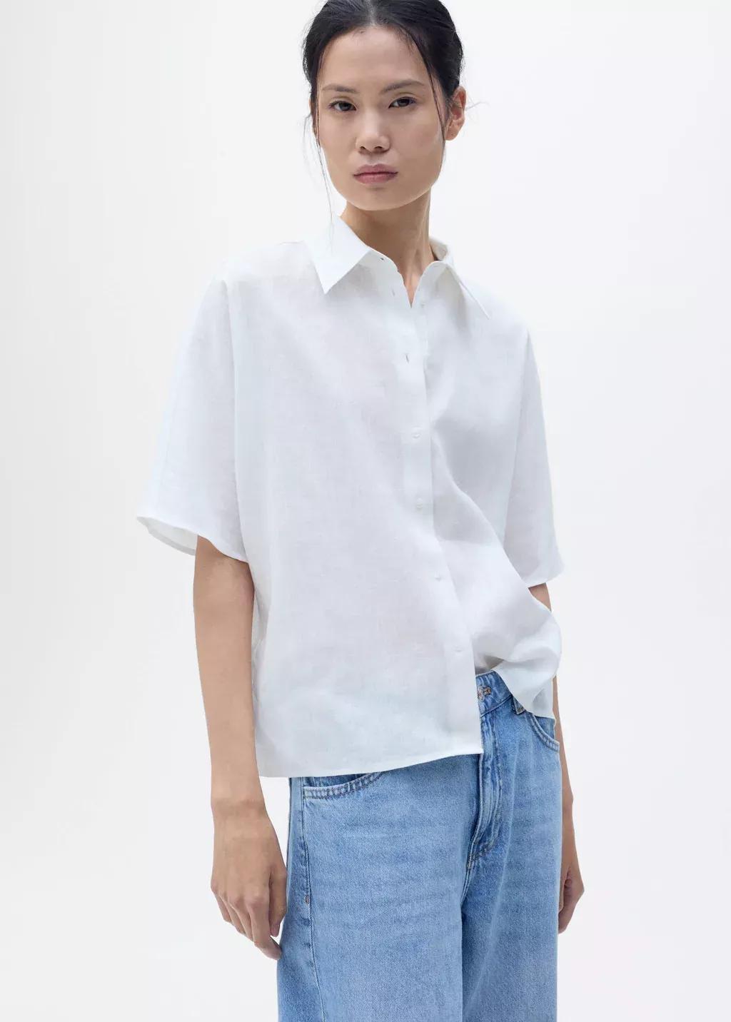 White Short Sleeve Linen-Blend Shirt, , large image number 0